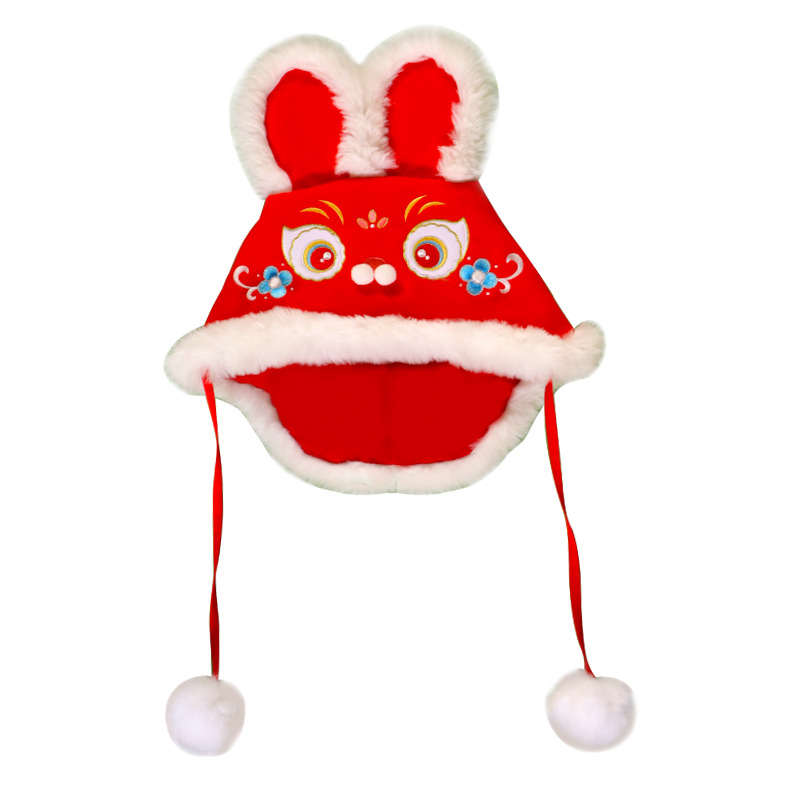 Eltern-Kind-Kaninchen hut im chinesischen Stil Kinder Neujahr rot niedlich Mütze Winter Hanfu Originalität Persönlichkeit Hut Hasen hut – Detail 11
