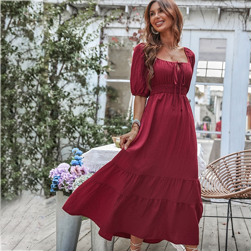 Lace-up Square Neck Ruched Flowy Solid Red High Waist Ruffle Maxi Dress