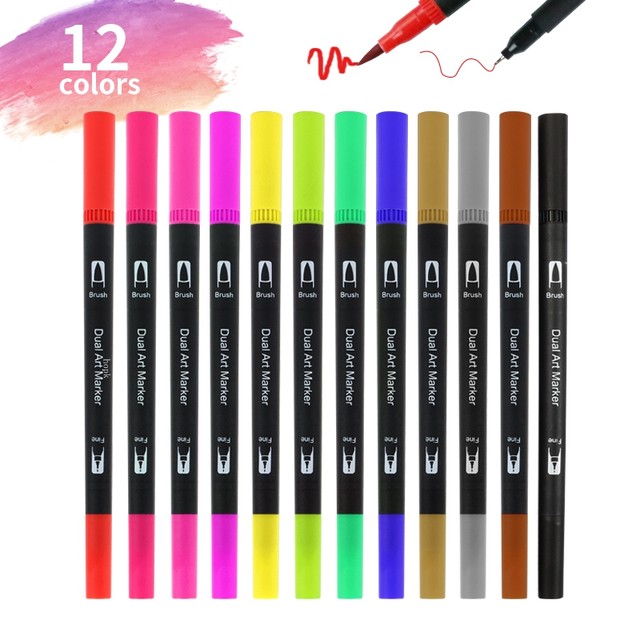 12 Colors /set Artist Coloring Marker Pens, Fine & Brush Dual Tip Pen Art  Supplier for Manga Coloring Books Drawing Planner Scrapbook