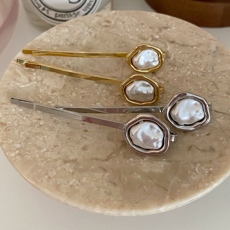 Koreanische Art einfache neue unregelmäßig geformte Perle Haars pangen Legierung Stirn Knall Clip exquisite Seite Clip Haarnadel für Frauen – Detail 1