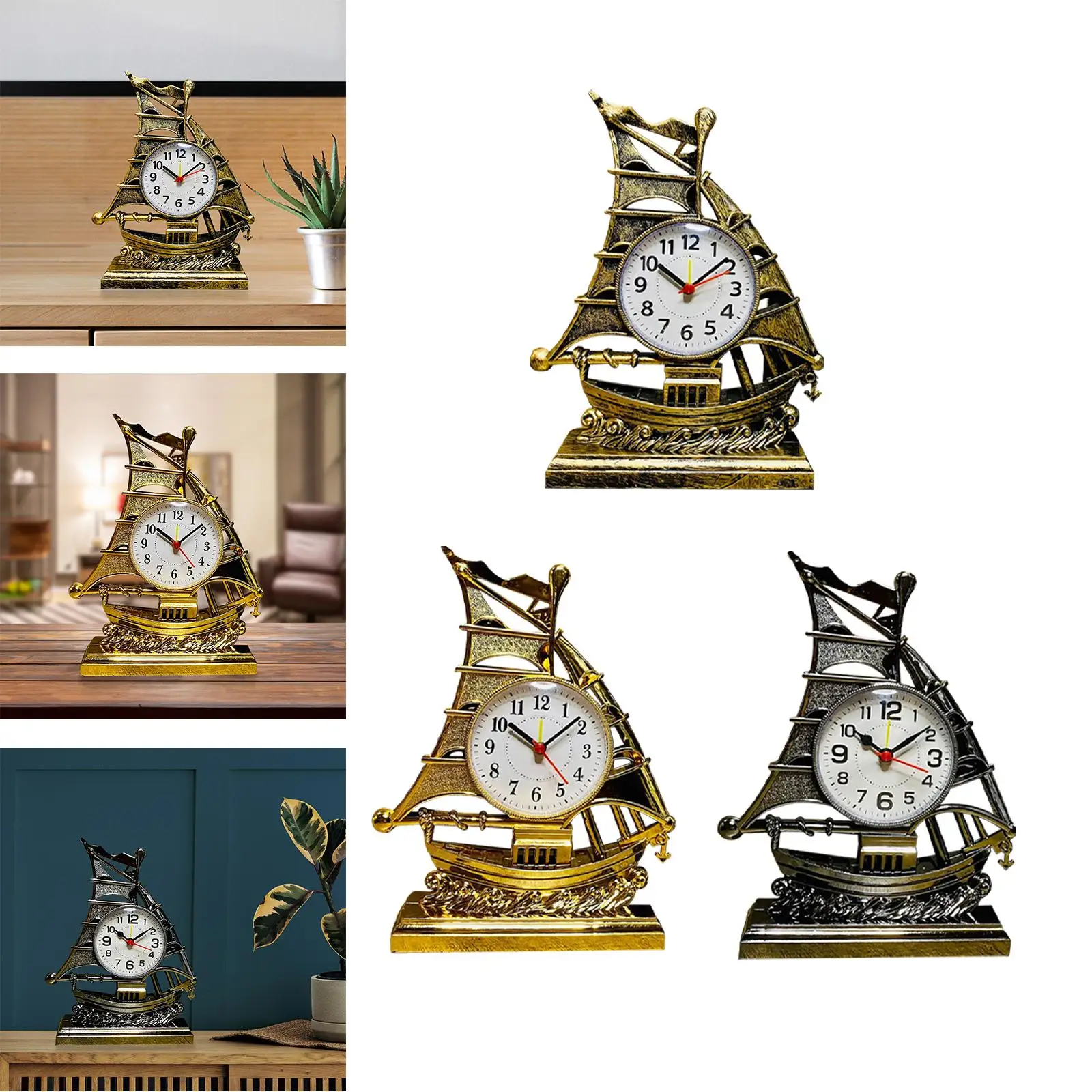 Desk Clock Ornament Sailing Sculpture Alarm Clock Table Clocks Bedside Clocks for Bedrooms Office Living Room Kids