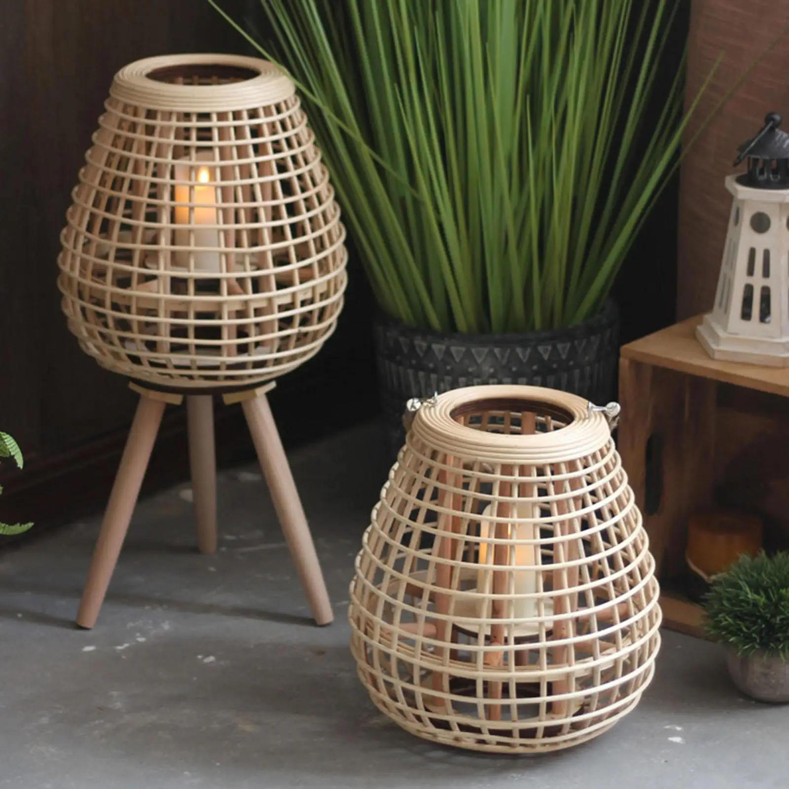 Vintage Style Bamboo Candle Holder Lantern Hanging Ornament for Indoor Table
