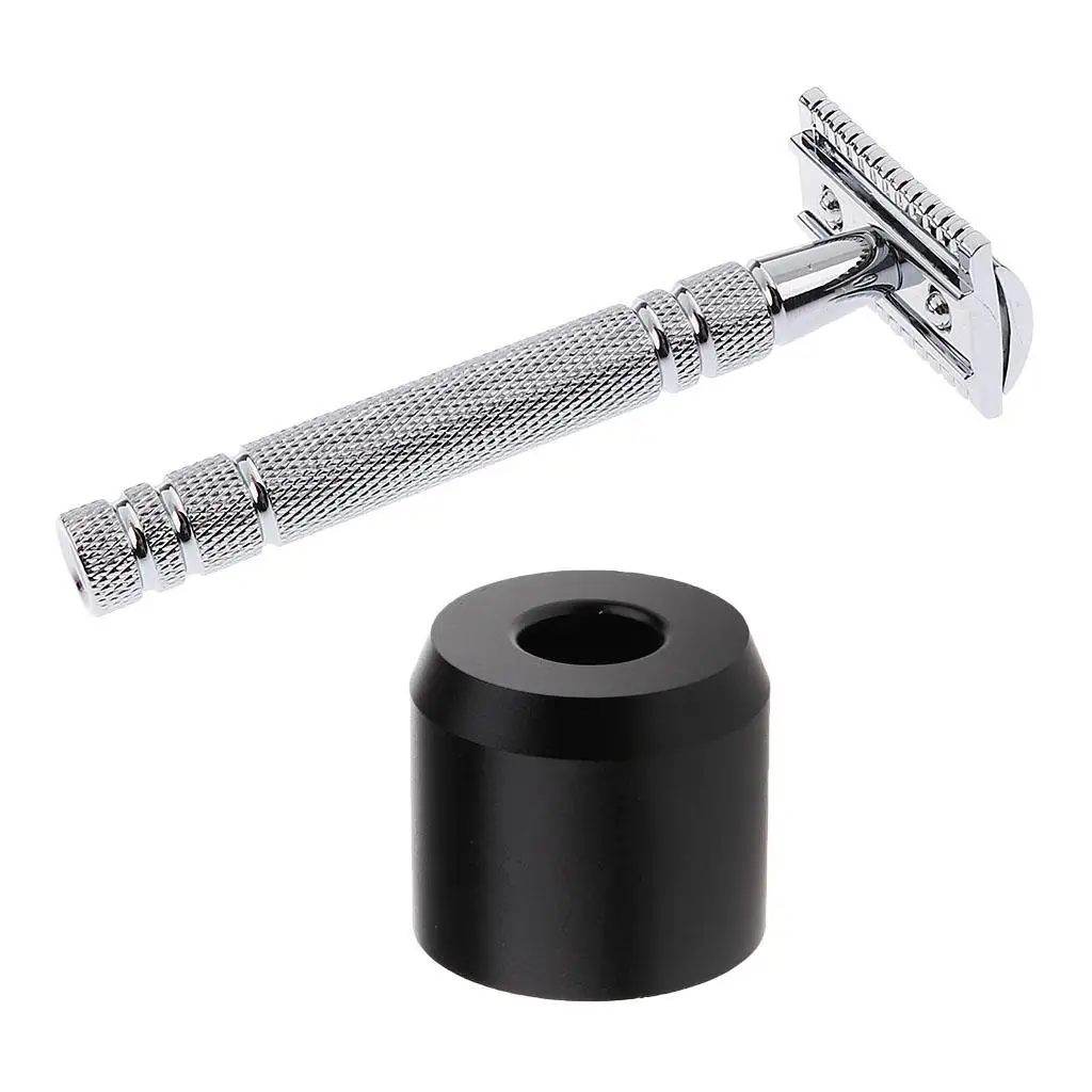 Set of 2 Pieces Men Barber Bathroom Salon Double Edge Safety Shaving Shaver with Stand Holder Base Kit - Space-Saving