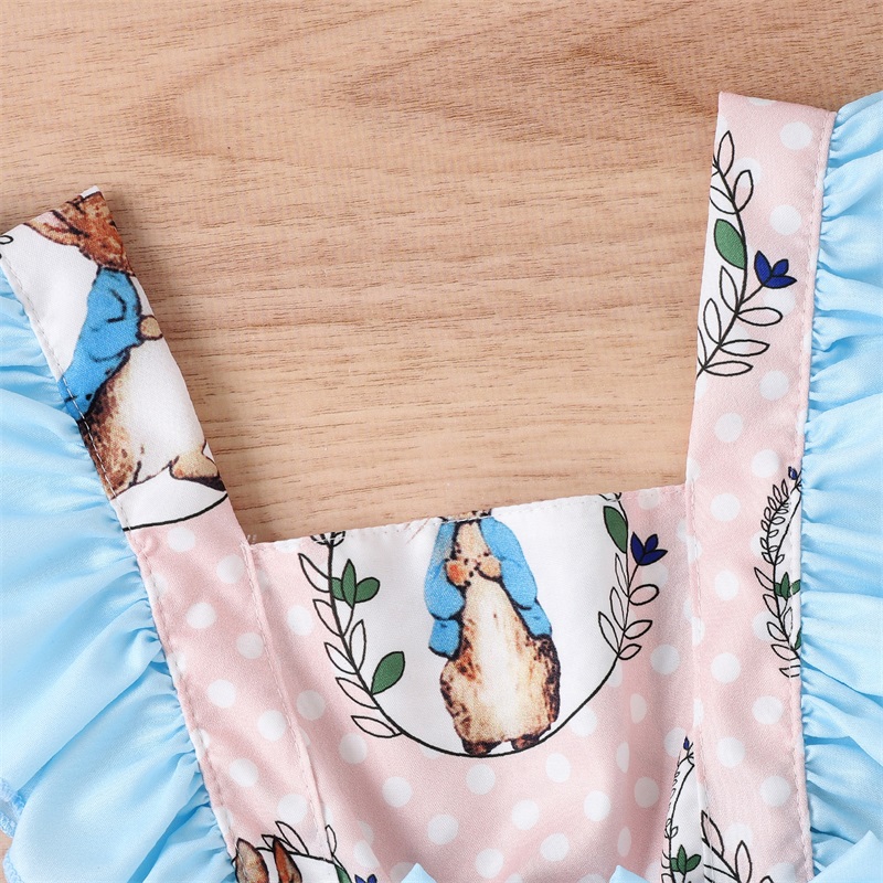 Ostern Infant Baby Mädchen Strampler Dot Kaninchen Druck Square Neck Fly Hülse Rüschen Backless Baby Bodys mit Bogen Stirnband – Detail 6