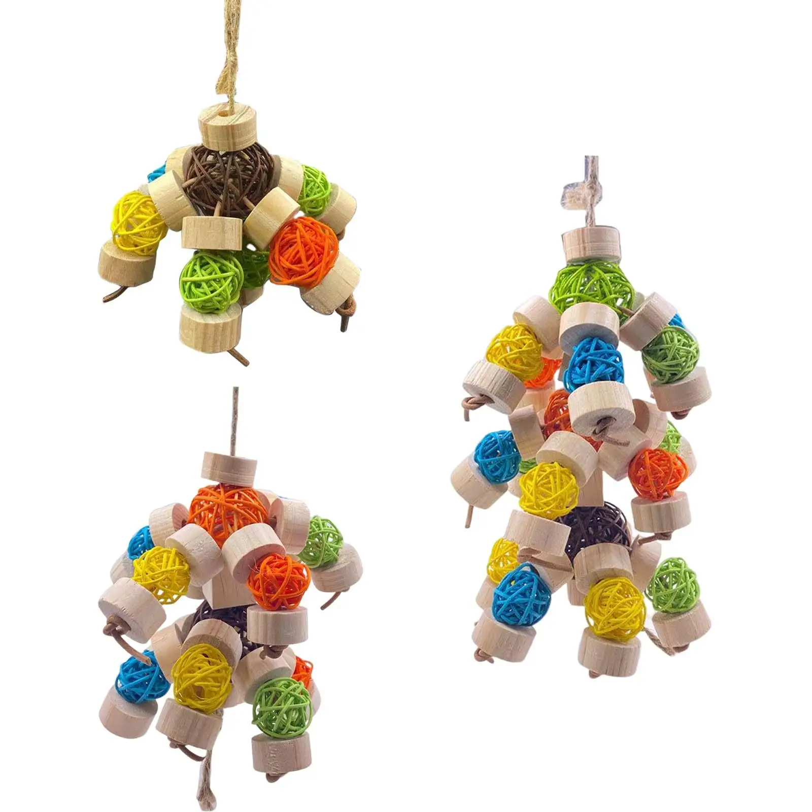 Multicolored Rattan Balls Bird Block Knots Tearing Toy Wood Hanging Natural Parrot Chewing Toy for Canary Gift Entertainment