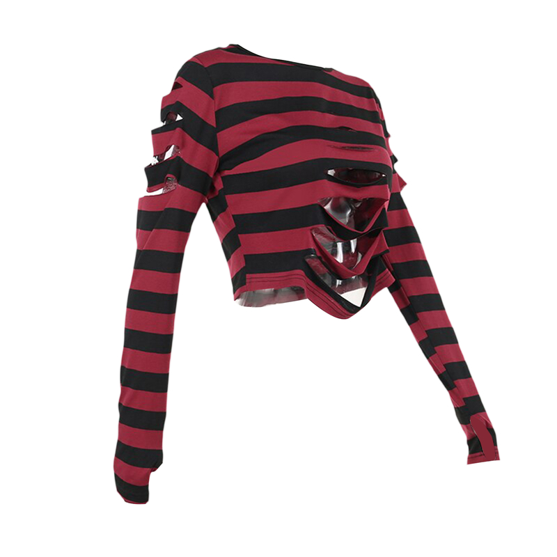 Camiseta Cyber Punk Y2K de los años 2000 para mujer, de manga larga, cuello redondo a rayas y agujero, ropa gótica, camisetas E-girl, ropa urbana