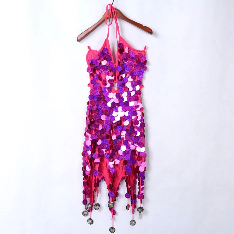 Women Sequin Fish Scales Tassel Dress Belly Dance Performance Sparkly Dress Festival Clothes Rave Party Costume Nightclub Wear