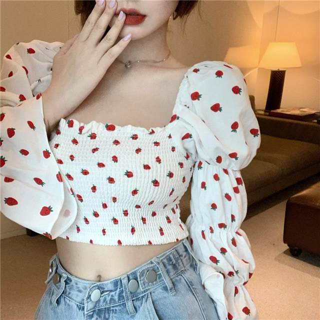 Blusas con estampado de fresas para mujer, Tops cortos con cuello