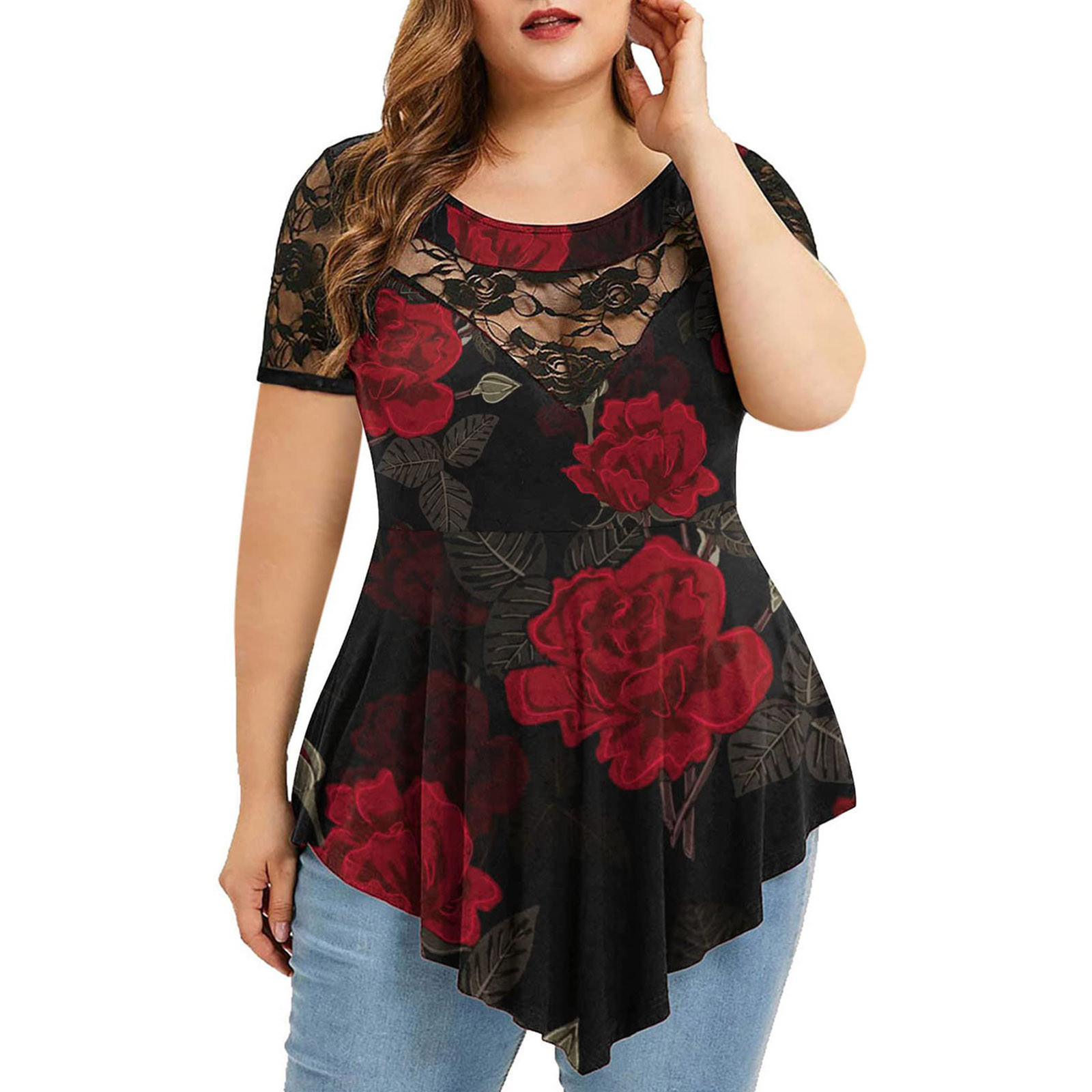 plus size camisas das mulheres verão manga curta blusa senhoras casual vestido pescoço túnicas rendas topos flores impressão camisas femininas