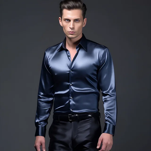 Men Long Sleeve Business Formal Casual Tops Classic Faux Satin Silk Dress  Shirt