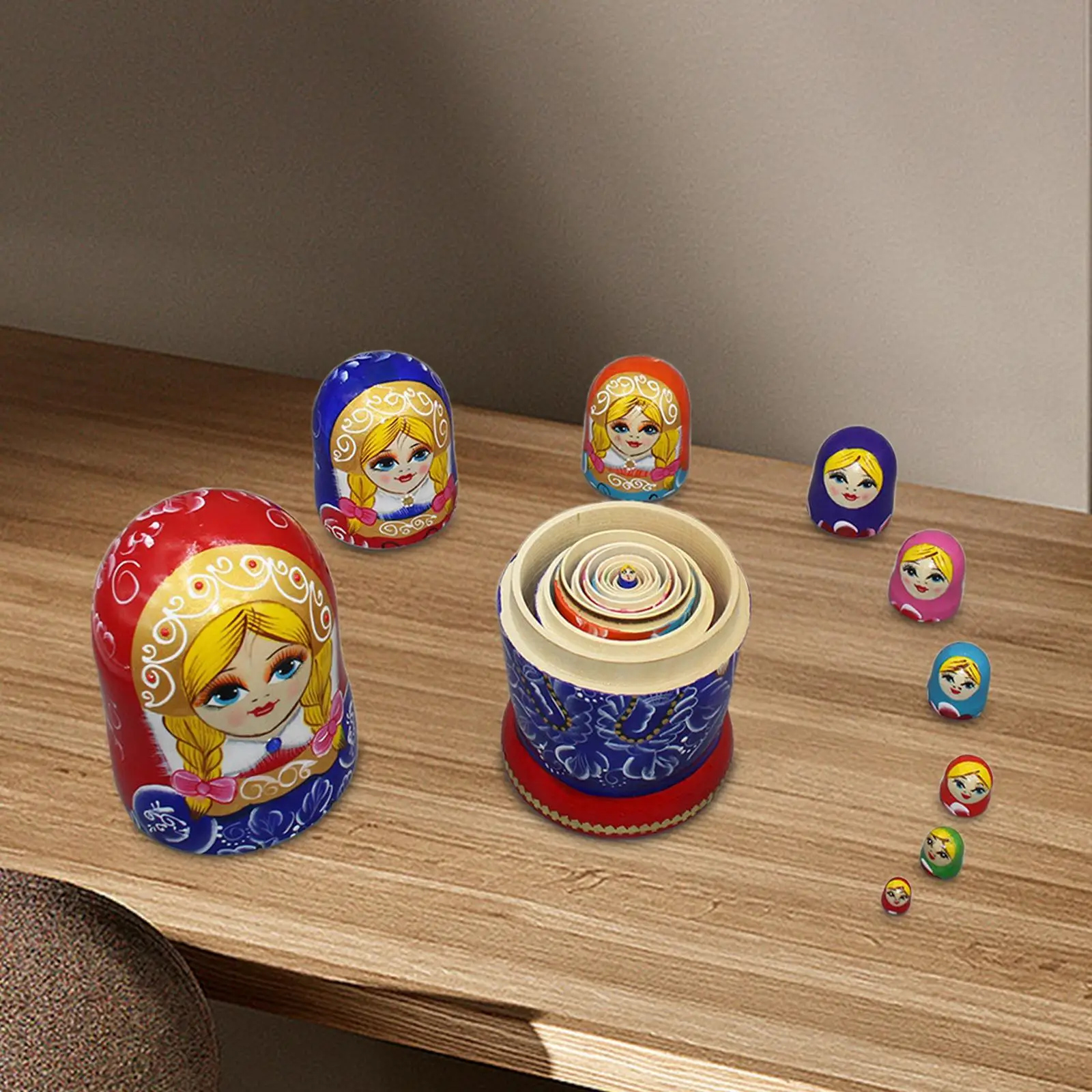 10Pcs Cartoon Russian Nesting Doll Matryoshka Doll Wood Stacking Toy Collectible Ornament Nesting Doll for Table Room Office