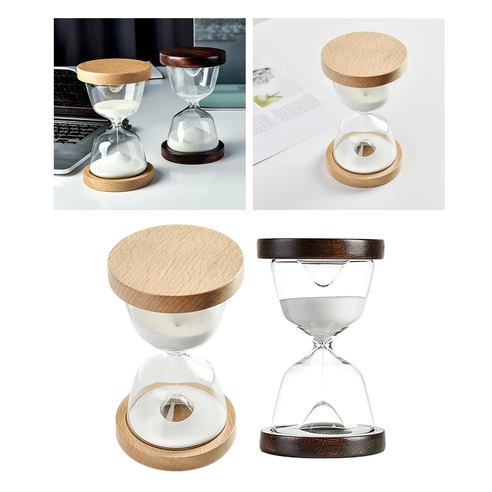 Dual Wood Base Wood Base Hour Glass Sandglass Timer 15 Min 16.5cm Height for Office Home Vintage Style Decorative White Sand