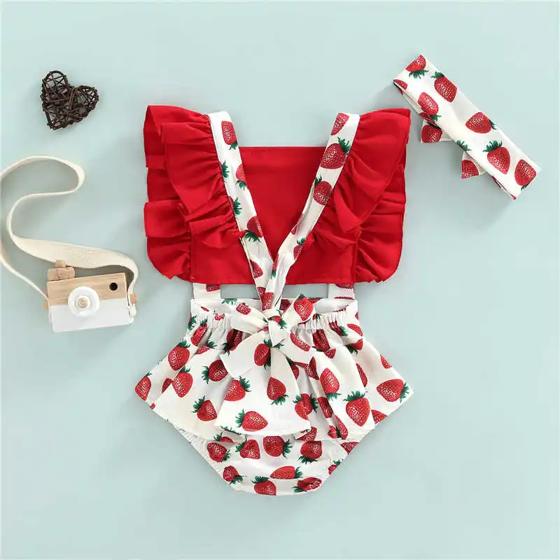 cute baby bodysuits 0-18m Baby Girls Summer Romper With Headband Ruffle Shoulder Straps Strawberry Triangle Hollow Backless Jumpsuit For Girls Baby Bodysuits expensive