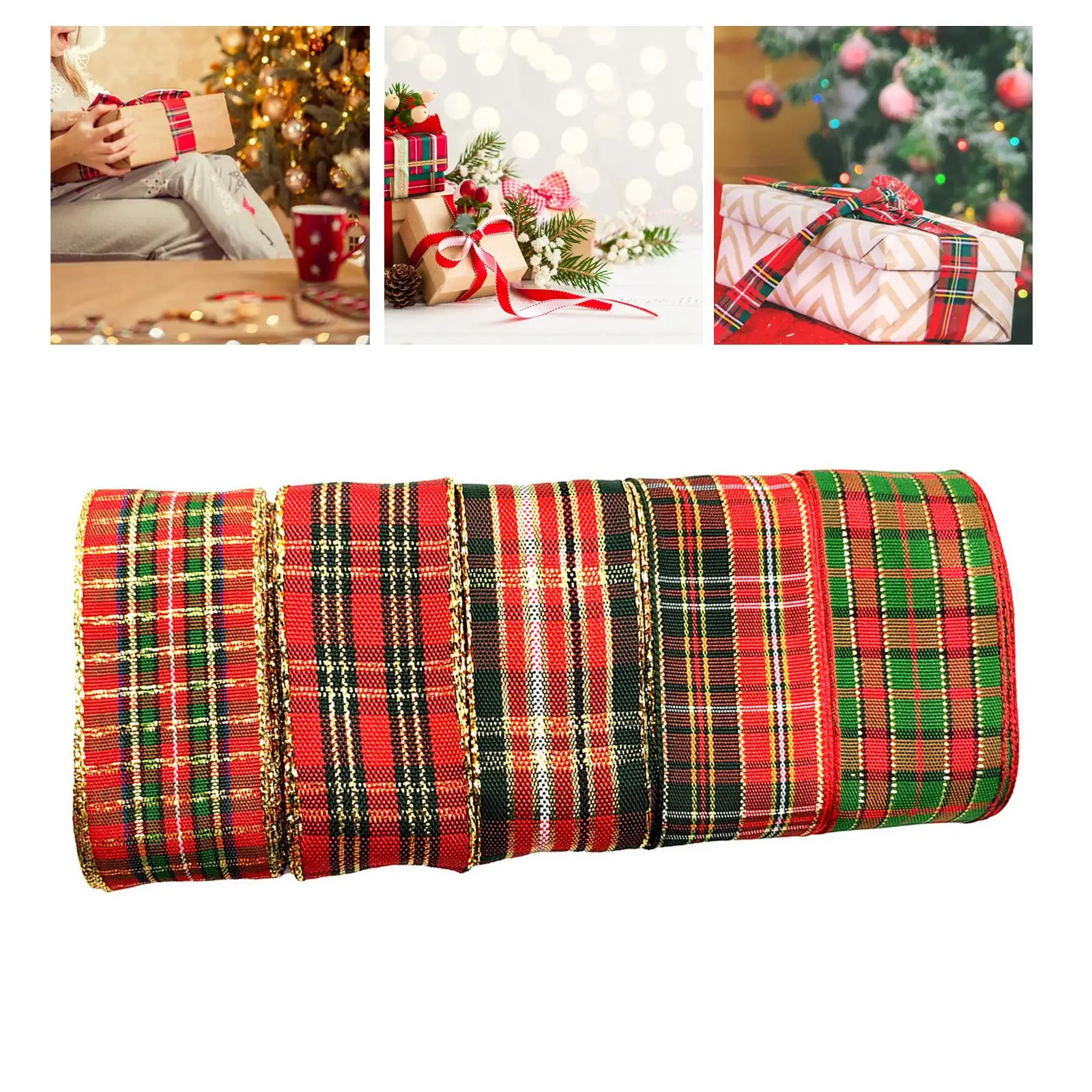 5Pcs Christmas Ribbon Burlap Ribbon DIY Crafts with Wired Edge Linen Satin Plaid for Swags Wedding Bows Gift Wrapping Decoration
