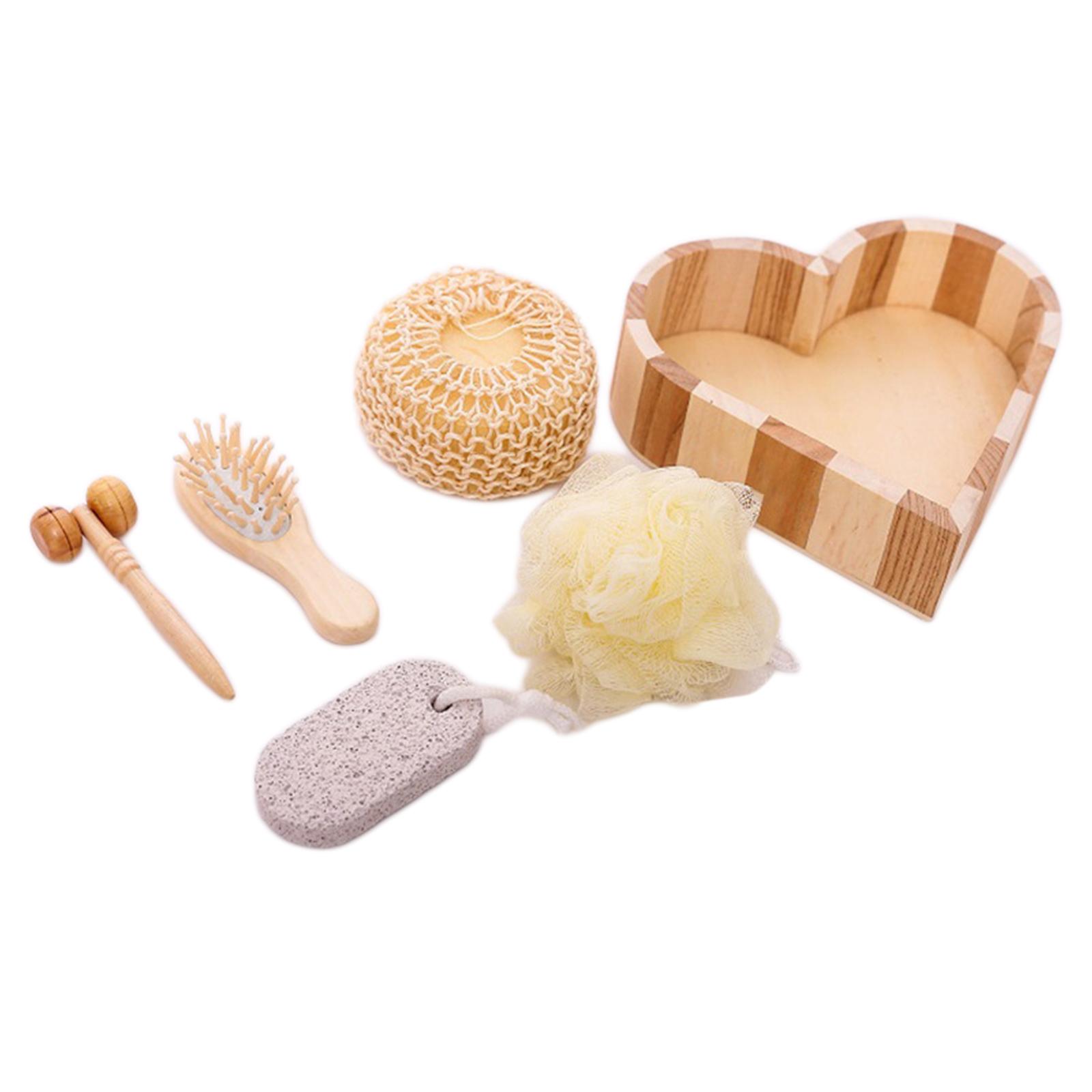 5 Pieces Bath Accessories Set Pumice Stone Hair Brush Sponge Ball in Heart Wooden Box for Body and Foot SPA Women Man Gift