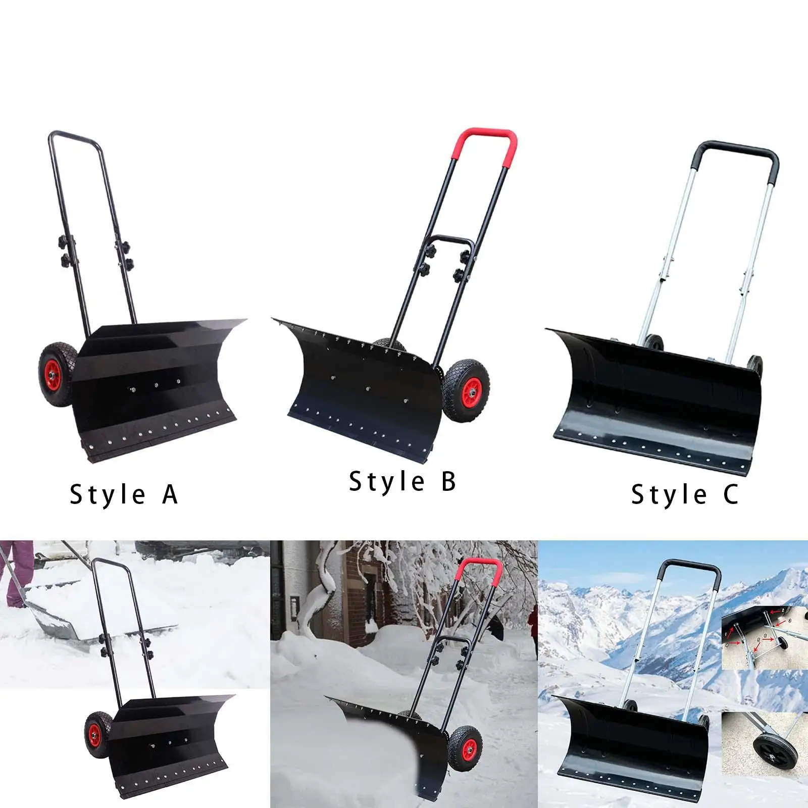 Snow Cleaning Wheeled Snow Plow Adjustable Handle Snow Puller Sturdy Snow Pusher Removal Tool for Winter Lawn Sidewalk Deck