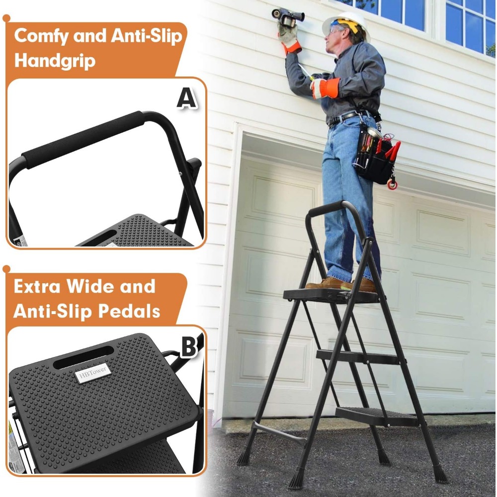 Title 5, 3 Step Ladder, Folding Step Stool with Wide Ant...