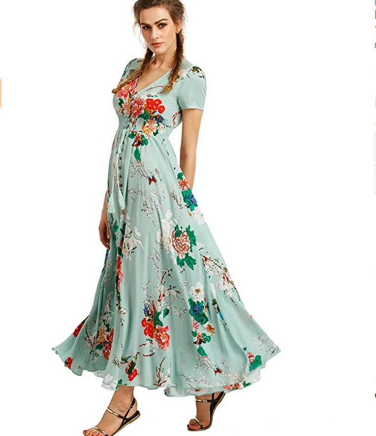 Women's Bohemian Dress Flower Print V Neck Short/Middle Sleeve for Ladies Summer Holiday Beach Sundress