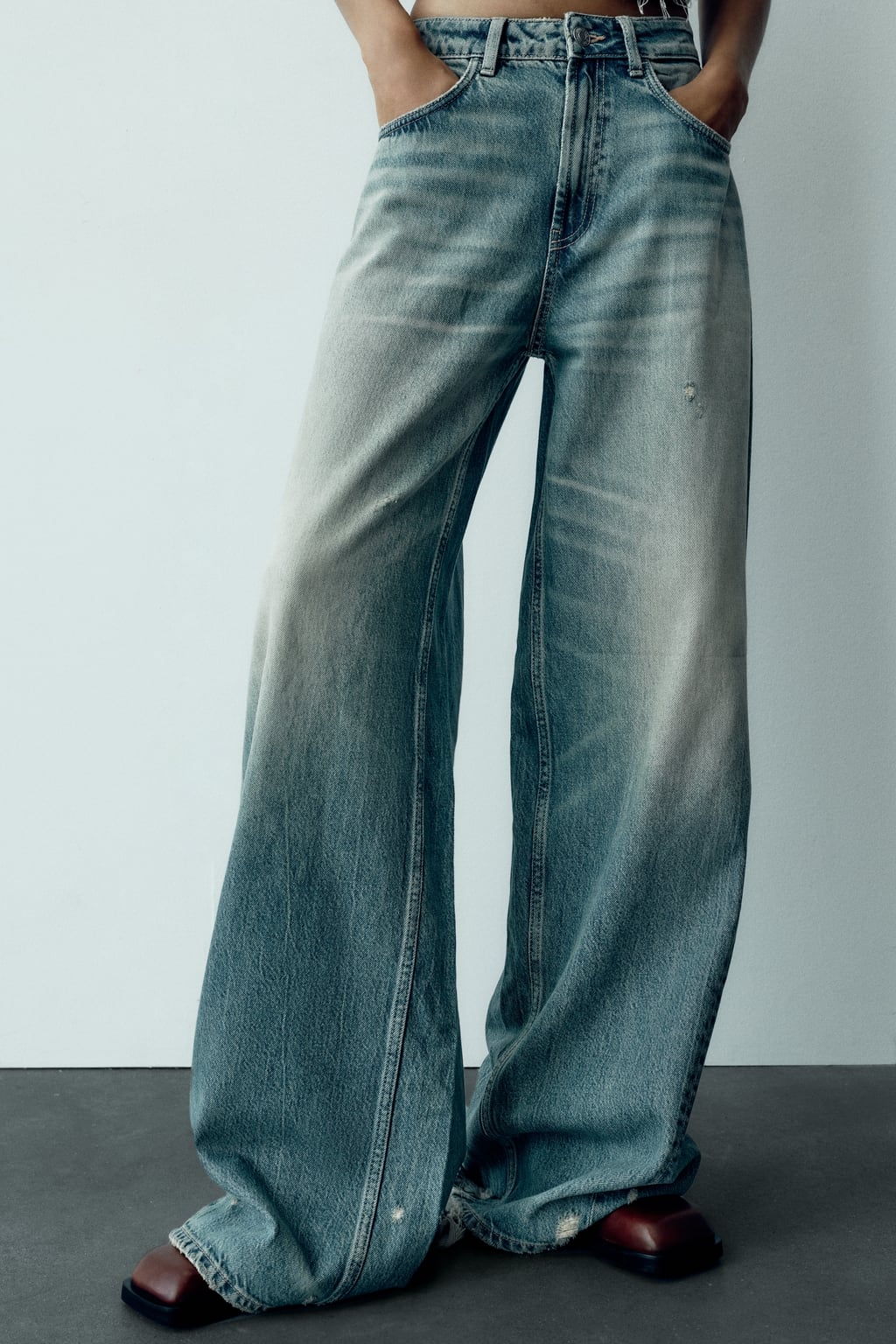 Autunno Donna Giacca di jeans oversize Jeans a gamba larga Abito con risvolto Maniche lunghe Giacca di jeans Cappotto Jeans strappati a gamba larga a vita bassa_voghion.com