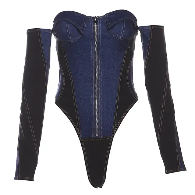 Denim Bodysuit Long Sleeve Off Shoulder 20