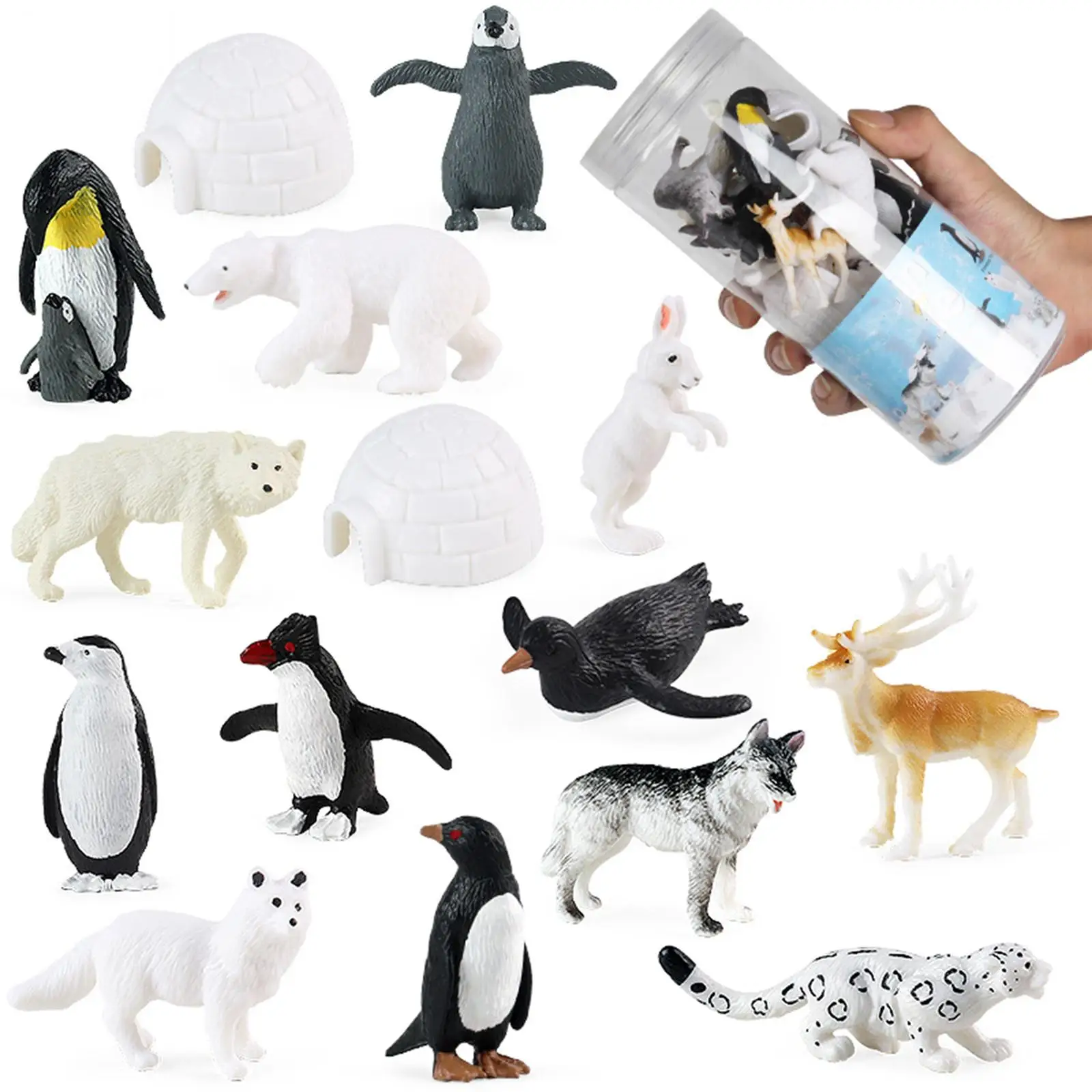 16Pcs Realistic Arctic Animals Includes Arctic Reindeer, Penguins, Polar Bear, Arctic Fox, Igloo Figure Toy for Birthday Gift