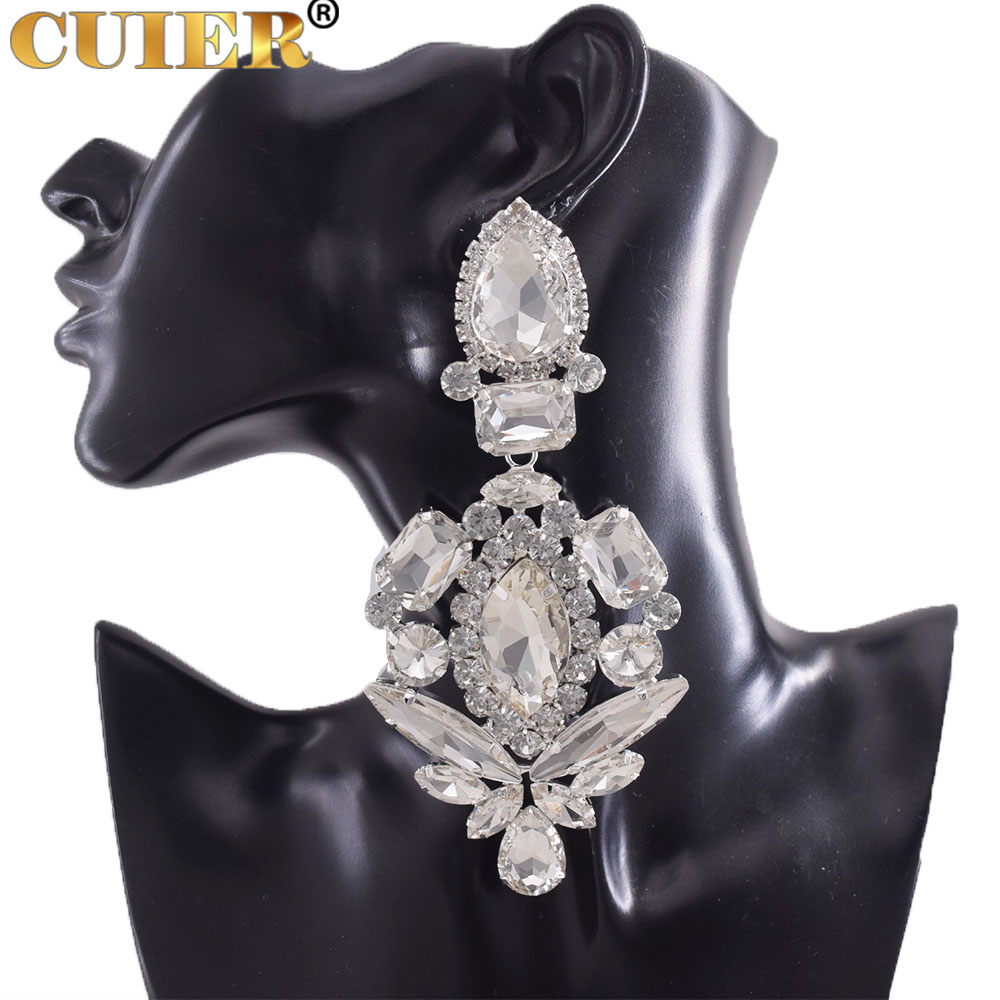 Clip auf riesigen Glas Strass Kristall baumeln langen Ohrring für Drag Queen Frauen Hochzeit Schmuck schwere Bühne Zubehör – Detail 2