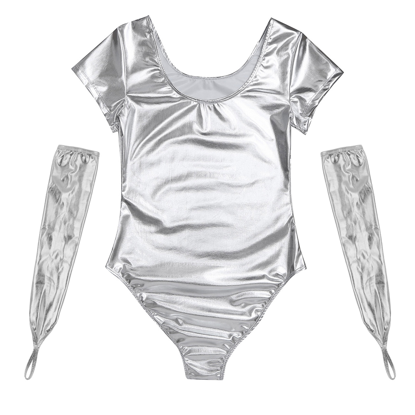 Damen glänzendes Lack leder Ballett Tanz kostüm Kurzarm einteiliger Trikot Body mit bogenlangen finger losen Handschuhen – Detail 11