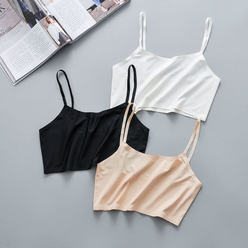 Description Picture 6 of itemWomen Girls Summer Ice Silk Crop Top Spaghetti Strap Seamless Bralette Solid Color Wire Free No Padded Basic Stretch Camisole