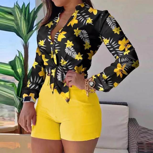 1 Set Women Shirt Shorts Long Sleeve Fashion Floral Printed Summer