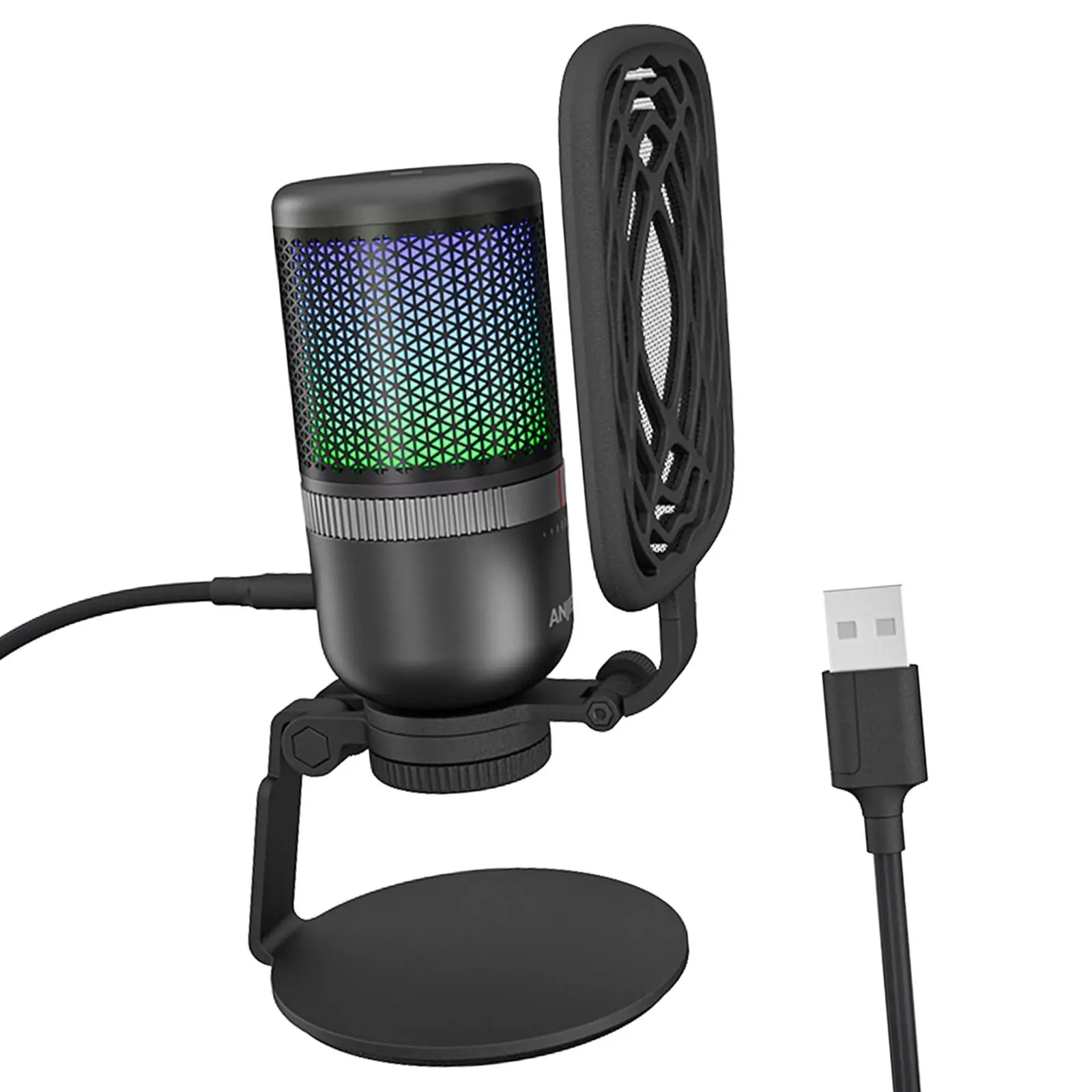 USB Microphone 90 degree Adjustable Tilt Angle Sound Control Colorful RGB Light Plug and Play Studio and Computer Condenser Mic