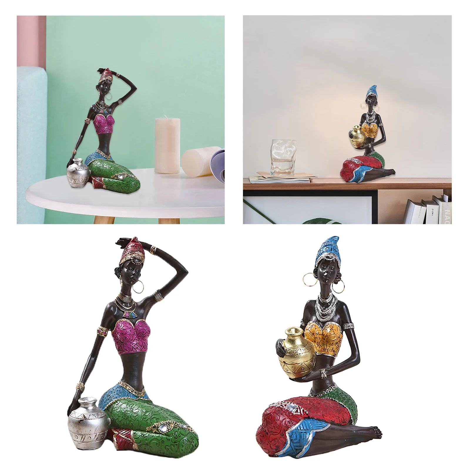 2x Creative African Figure Tribal Lady Statue for Office Table Decoration