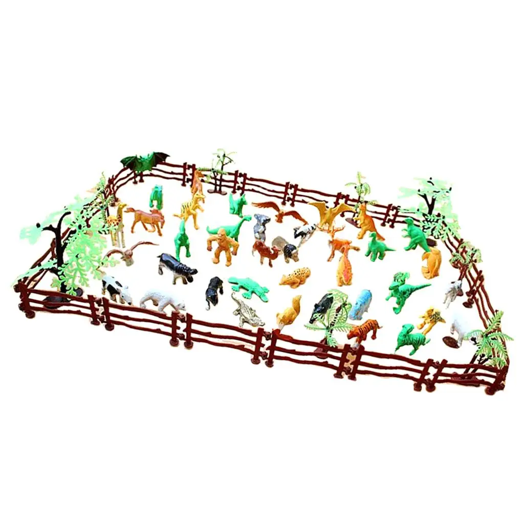 68pcs Plastic  Wildlife Jungle Forest Animals Action Figure Toys Playset in Fence w/ Tree , Kids Toddler  Collectibles