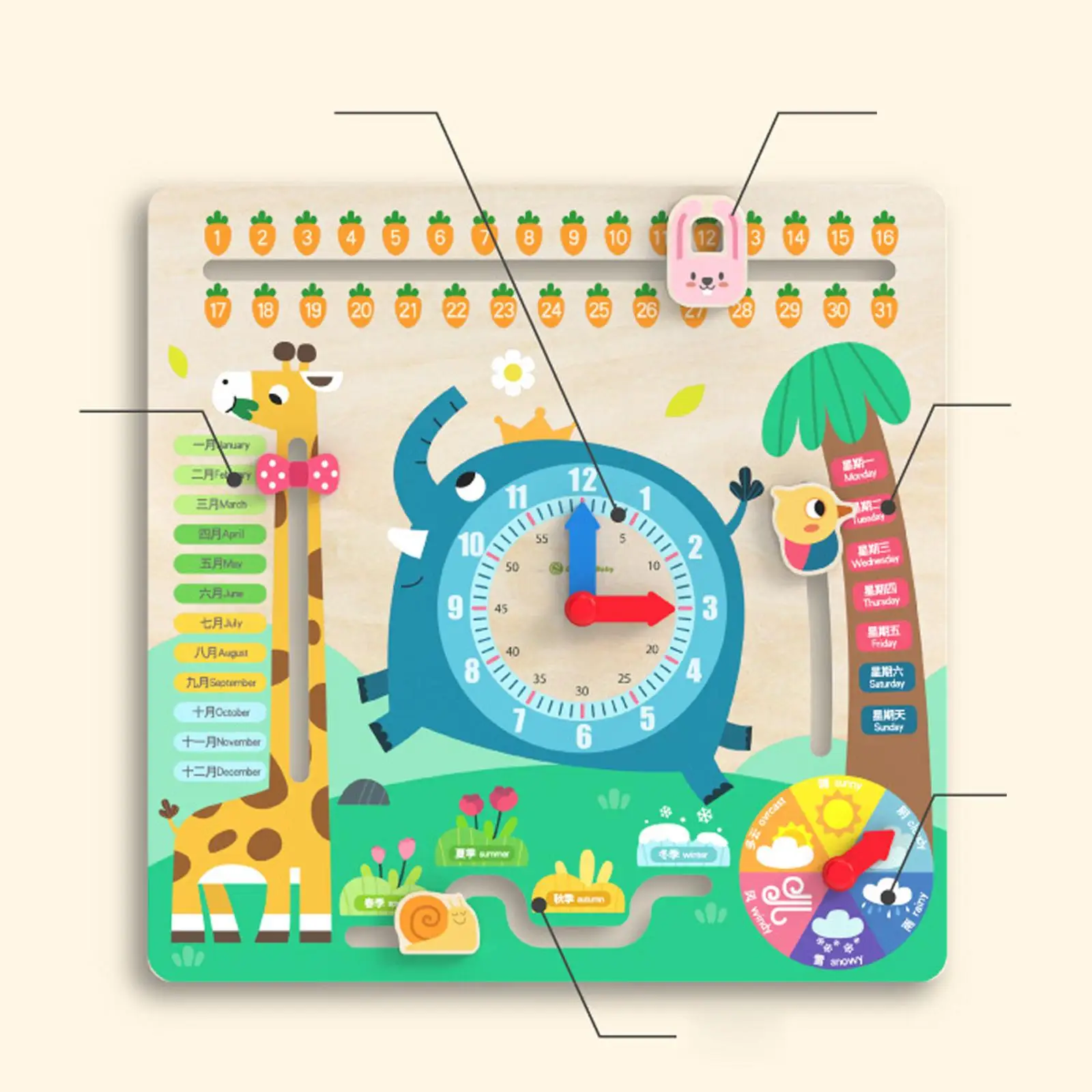 Wooden Calendar Clock Weather Season Time Cognitive Educational Puzzle Game Toy for Preschool Boy Girls Kids