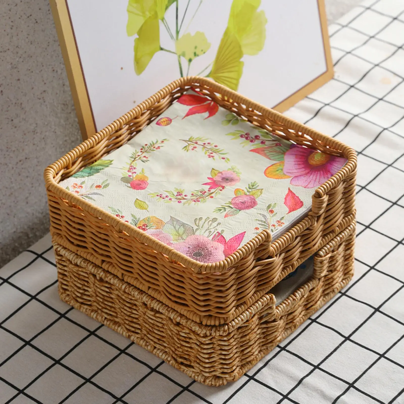Square Woven Napkin Tray Towel Holder Vanity Basket Serving Storage Organizer Tray for Kitchen Bathroom Living Room Bedroom