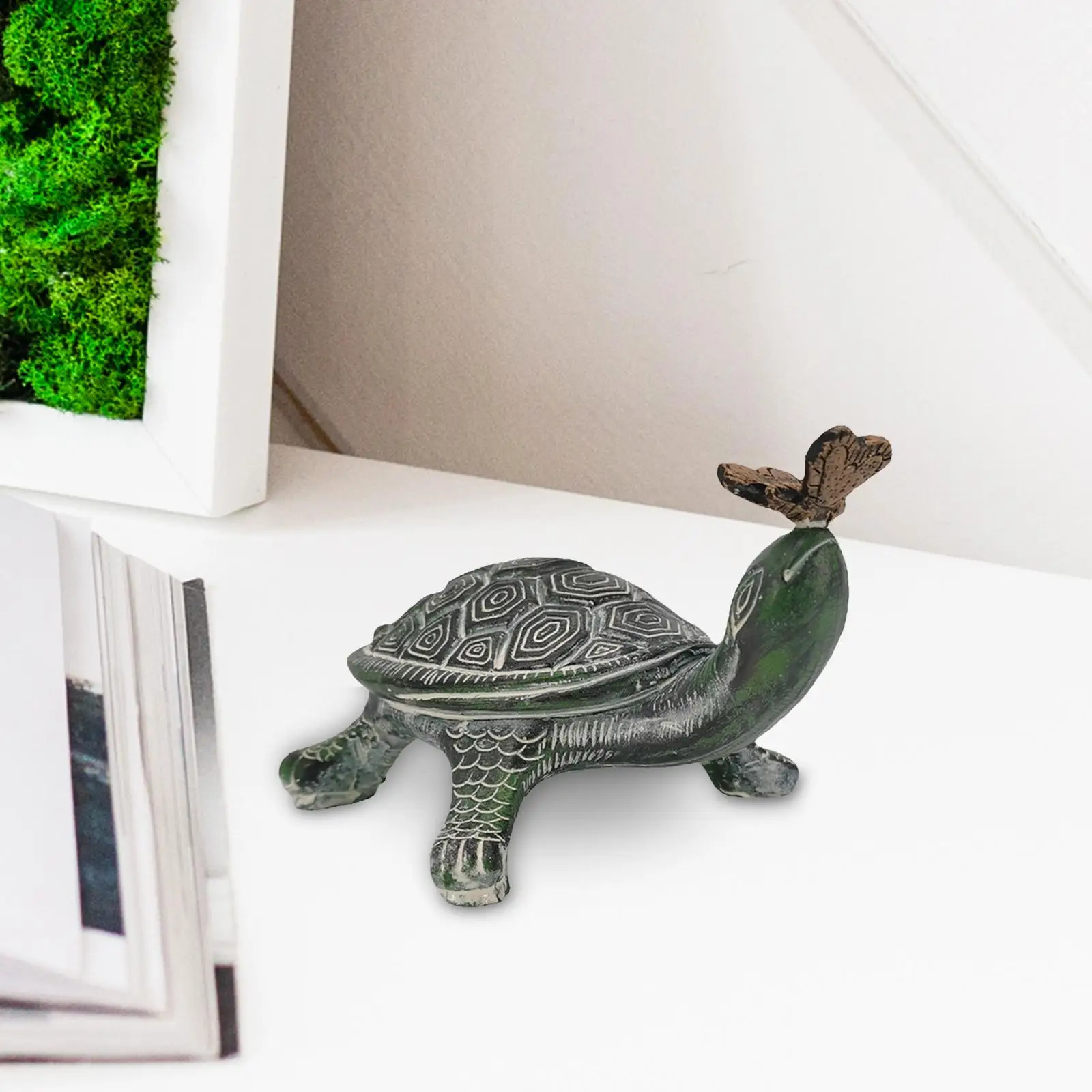 Creative Turtle Statue Decorative Handpainted Animal Sculpture Fairy Garden Ornaments Tortoise with Butterfly for Patio Cabinet