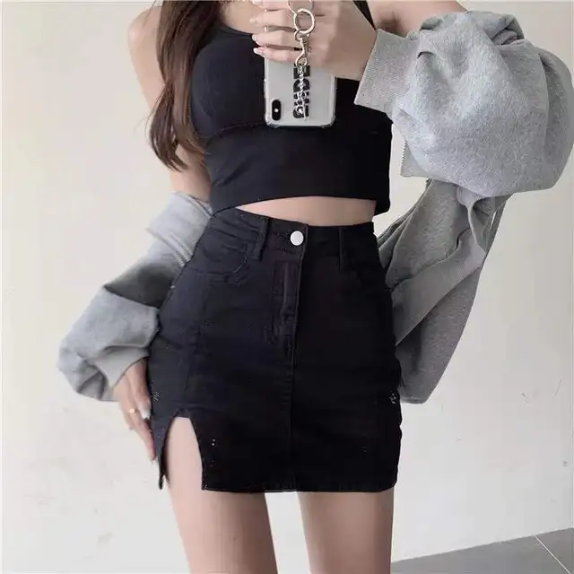 Split Jean Skirts For Women Denim Skirt Tight Black With Side Slit