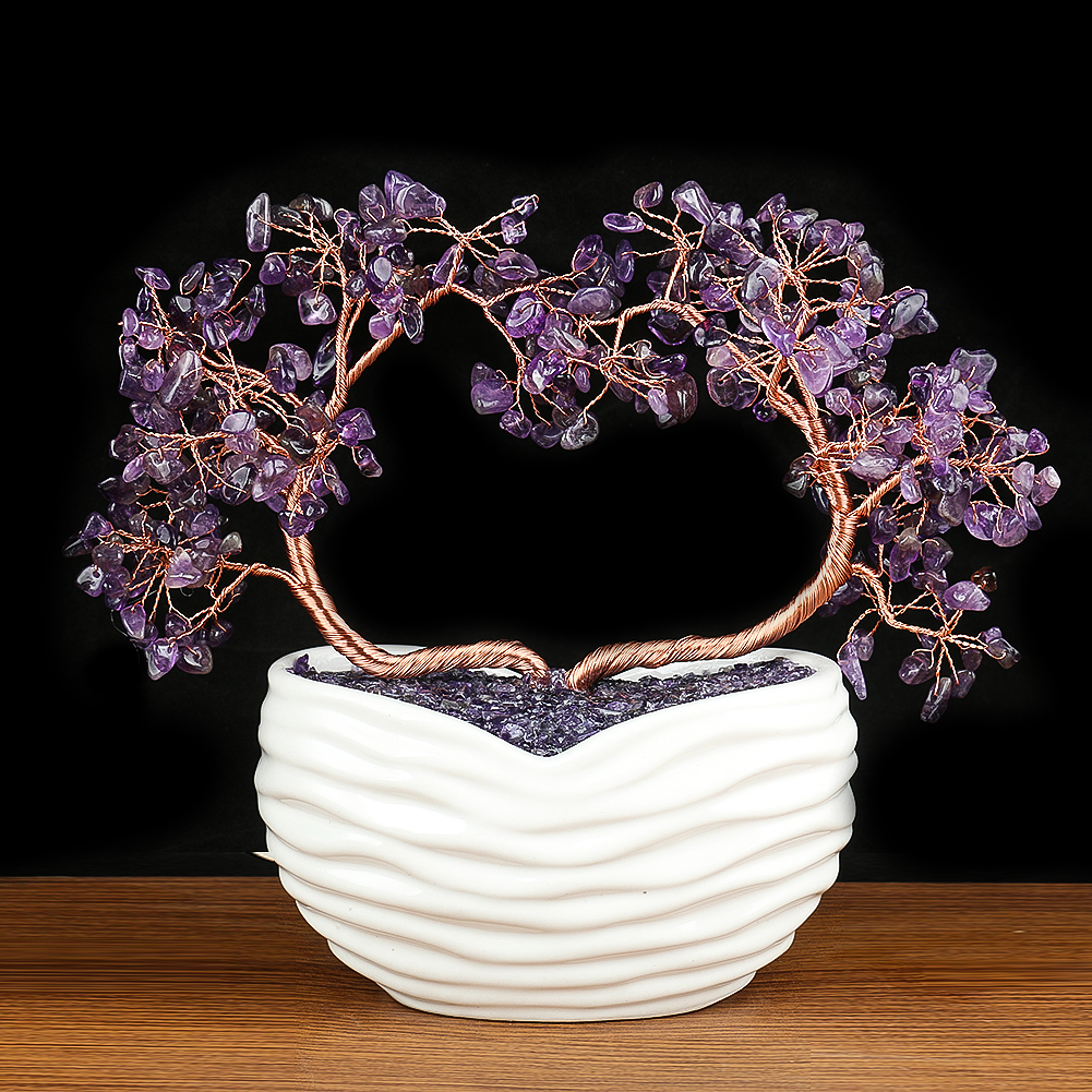Natürlicher Amethyst-Stein, Kies, Aluminiumdraht, Wundschnur, herzförmiger Baum, Keramik, Liebesbasis, Ornament, Bürodekoration, Zubehör – Detail 2