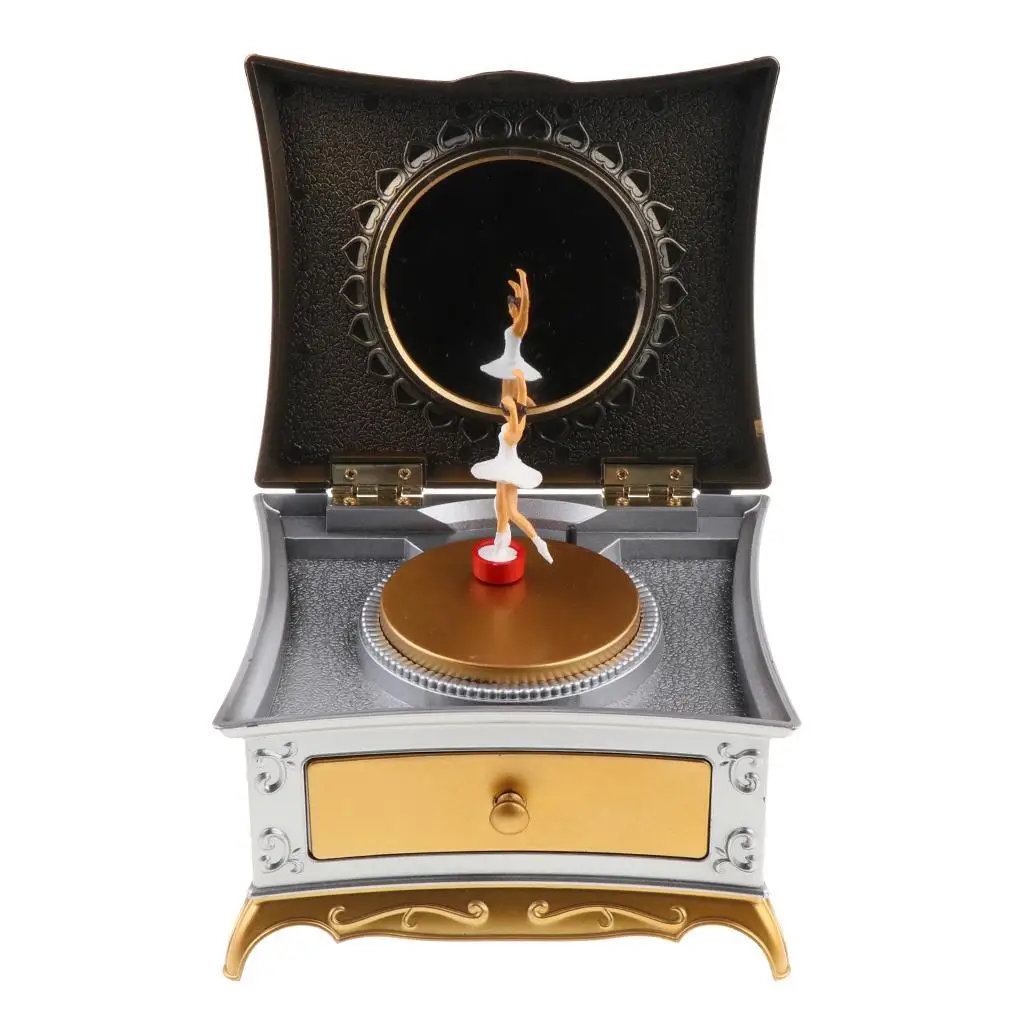 Musical Jewelry Box with Ballerina for Little  with Drawers, Round Mirror