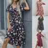 Women's Summer Vintage Long Floral Print Short Sleeved A-Line Dress V-Neck Fashion Clothes 11