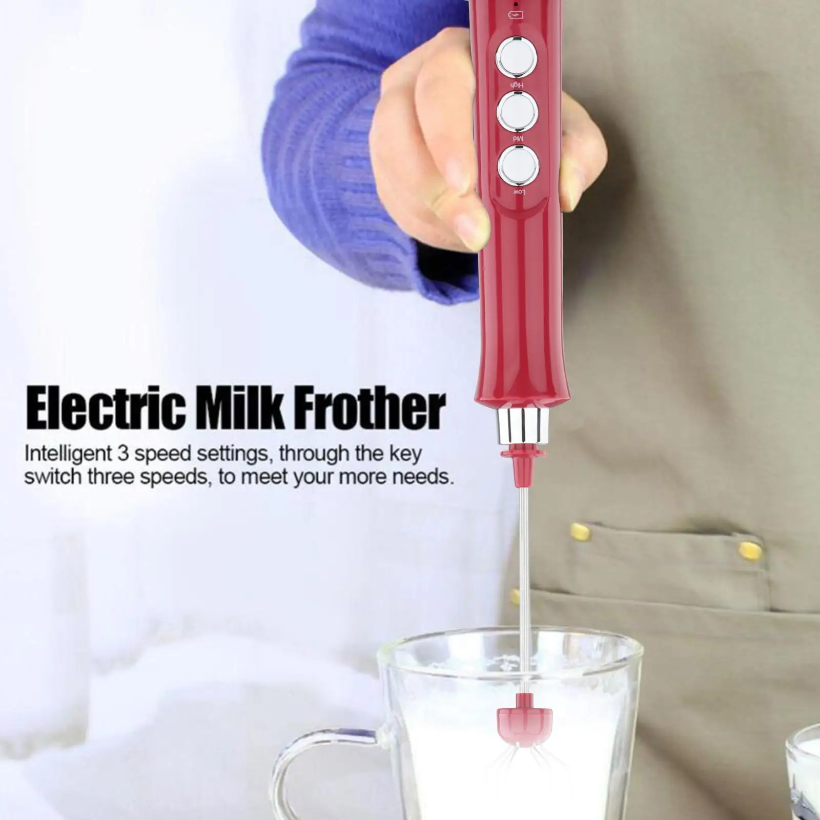 Portable Electric Milk Frother Mixer Blender Coffee Frother Mixer 3-Speed Adjustable Electric Foam Maker for Cream Coffee Matcha