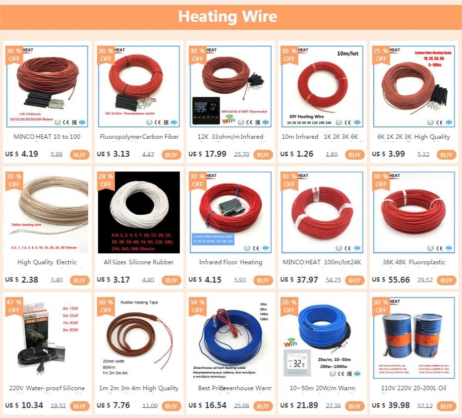 MINCO HEAT 10 to 100 Meters Infrared Warm Floor Cable 12K 33ohm/m Electric Carbon Heating Wires