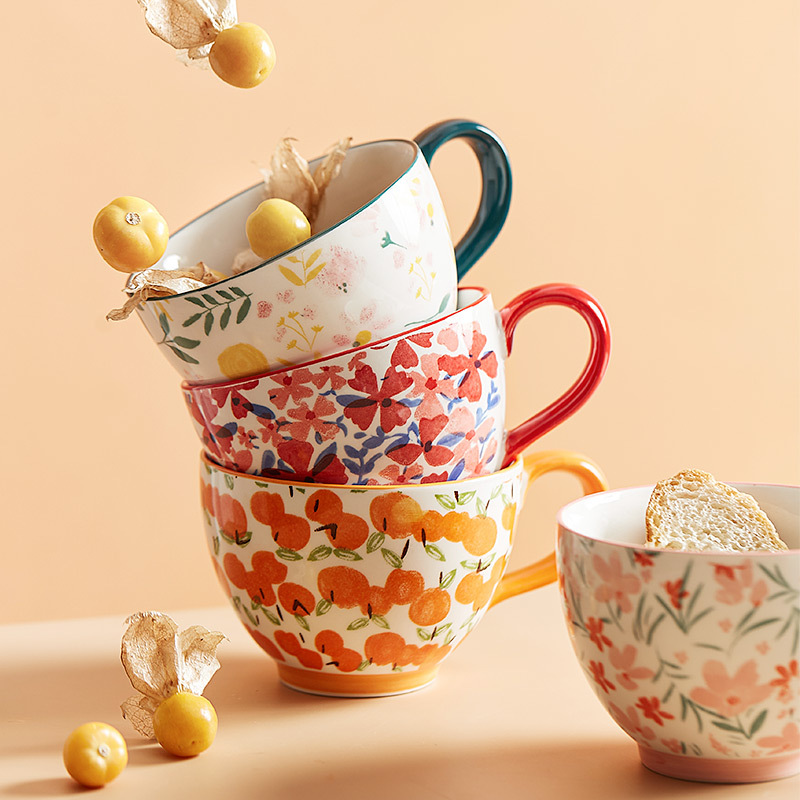 Breakfast Cup Ceramic    Large capacity floral oranges oatmeal water microwave heating milk coffee afternoon flower tea cups