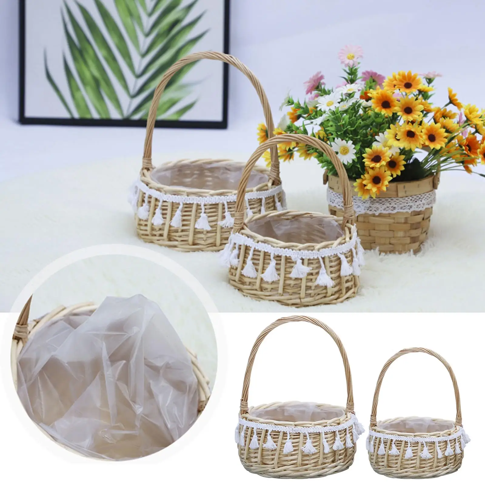 Storage Basket, with Handles Bamboo Woven Flower Pot Easter Basket Natural Containers Holder  Arrangement Indoor Outdoor