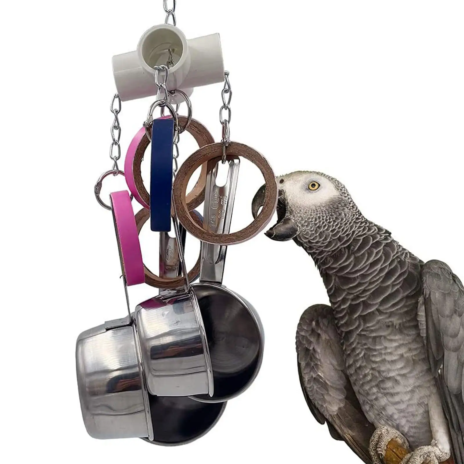 Pullable Birds Parrots Pots and Bagel Toys Stainless Steel Cups 5 Rings Bird Chewing Toys  Toys Entertaining String Toys