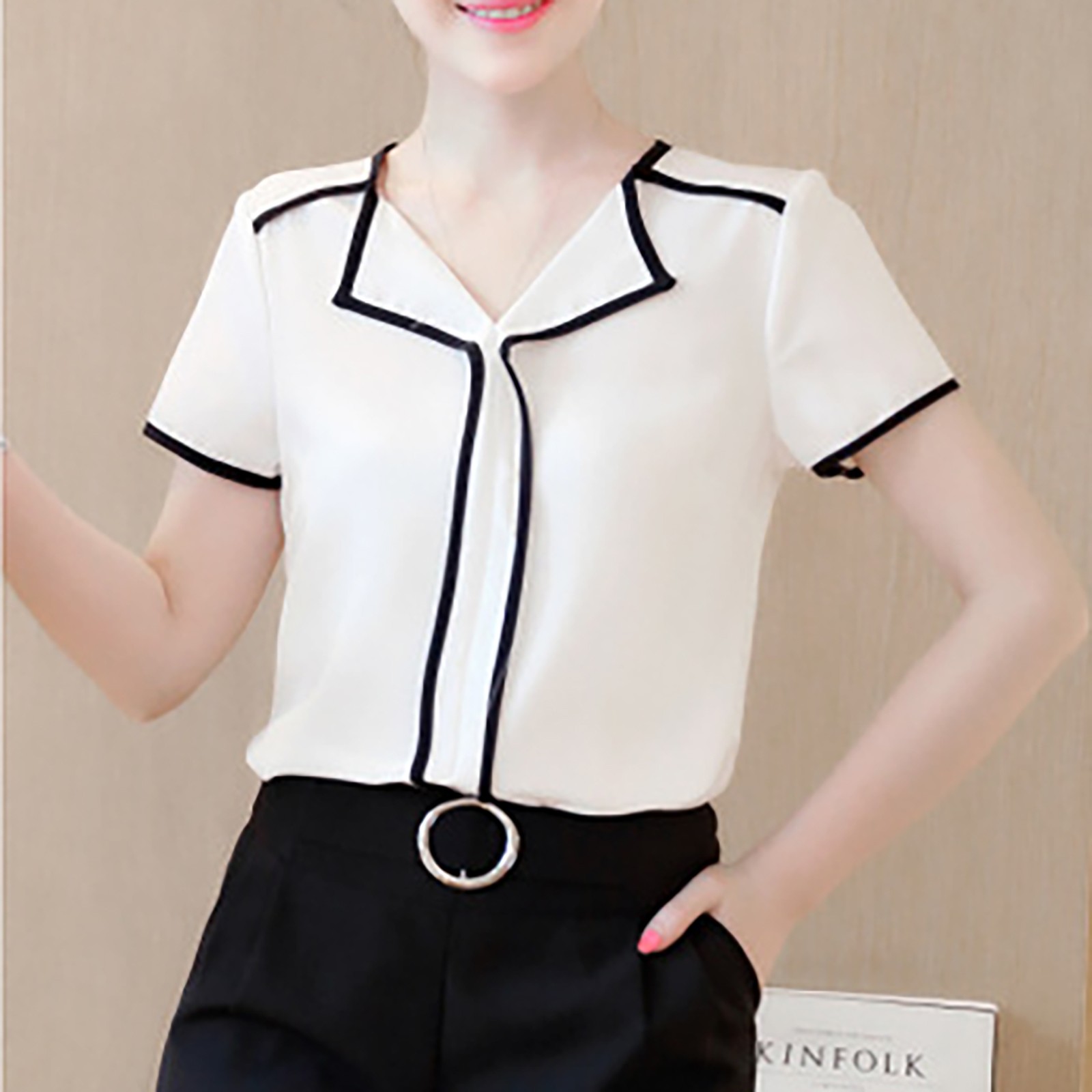 Title 7, Short Sleeved Chiffon Standing Collar Women