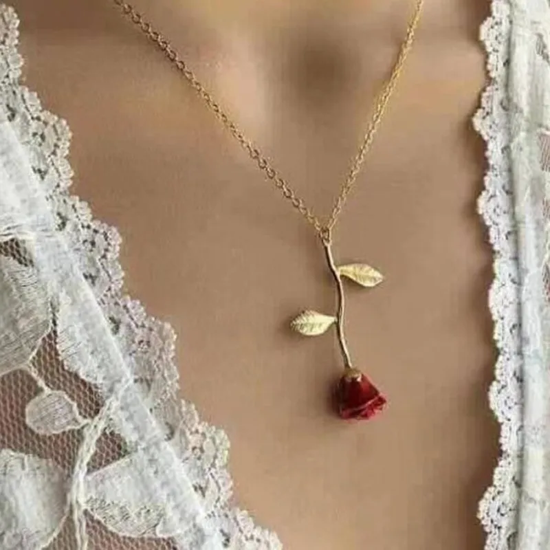 European and American Fashion New Red Rose Pendant Necklace Simple and Individualized Temperament Women Oil Drop Necklace