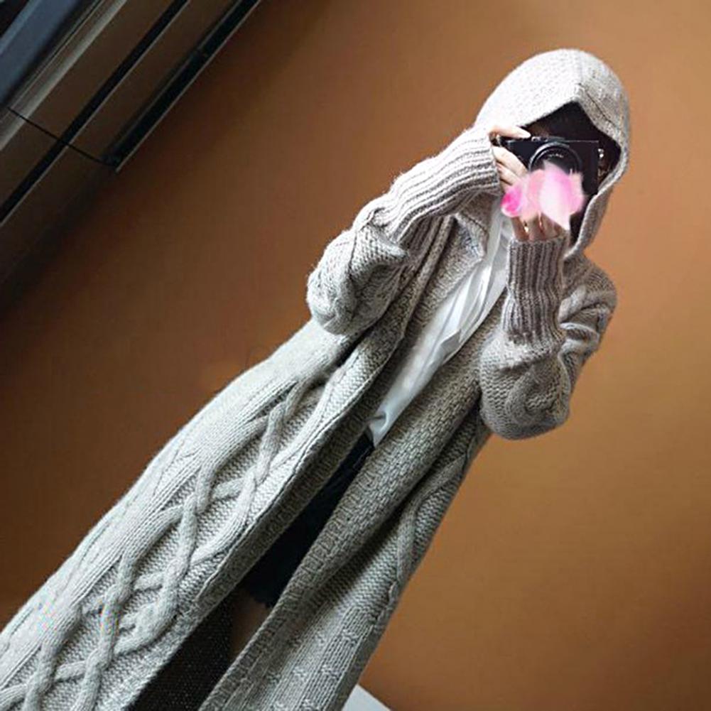 2022 Vinter revers strik cardigan kvindelige temperament frakke Casual tyk lang strikket cardigan kvinde plus størrelse ren farve_voghion.com