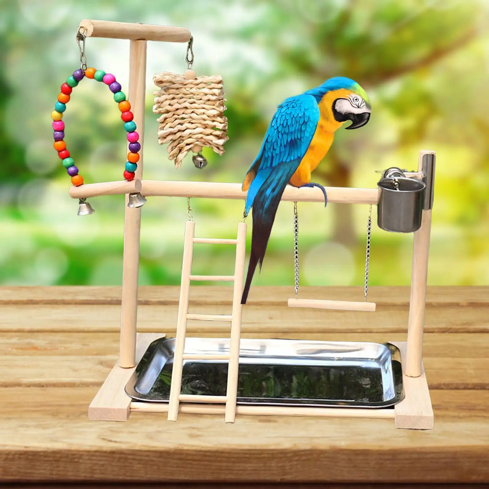 Parrot Playstand Bird Playground with Feeder Cups Bells Bird Gym Solid Wood Perch Climbing Ladder Toys for Budgie Cockatiel