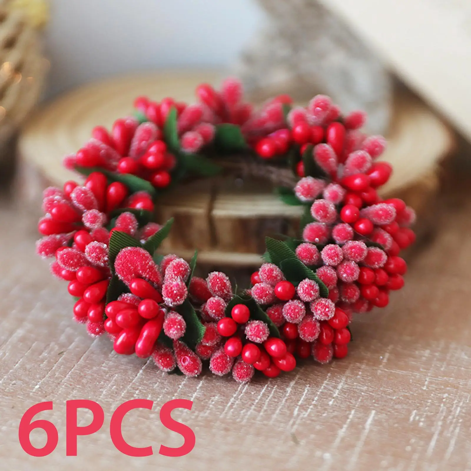 6Pcs Red Berries Candle Ring Wreath Greenery Wreath Pillar Candleholder for Living Room Easter Table Thanksgiving Decorations