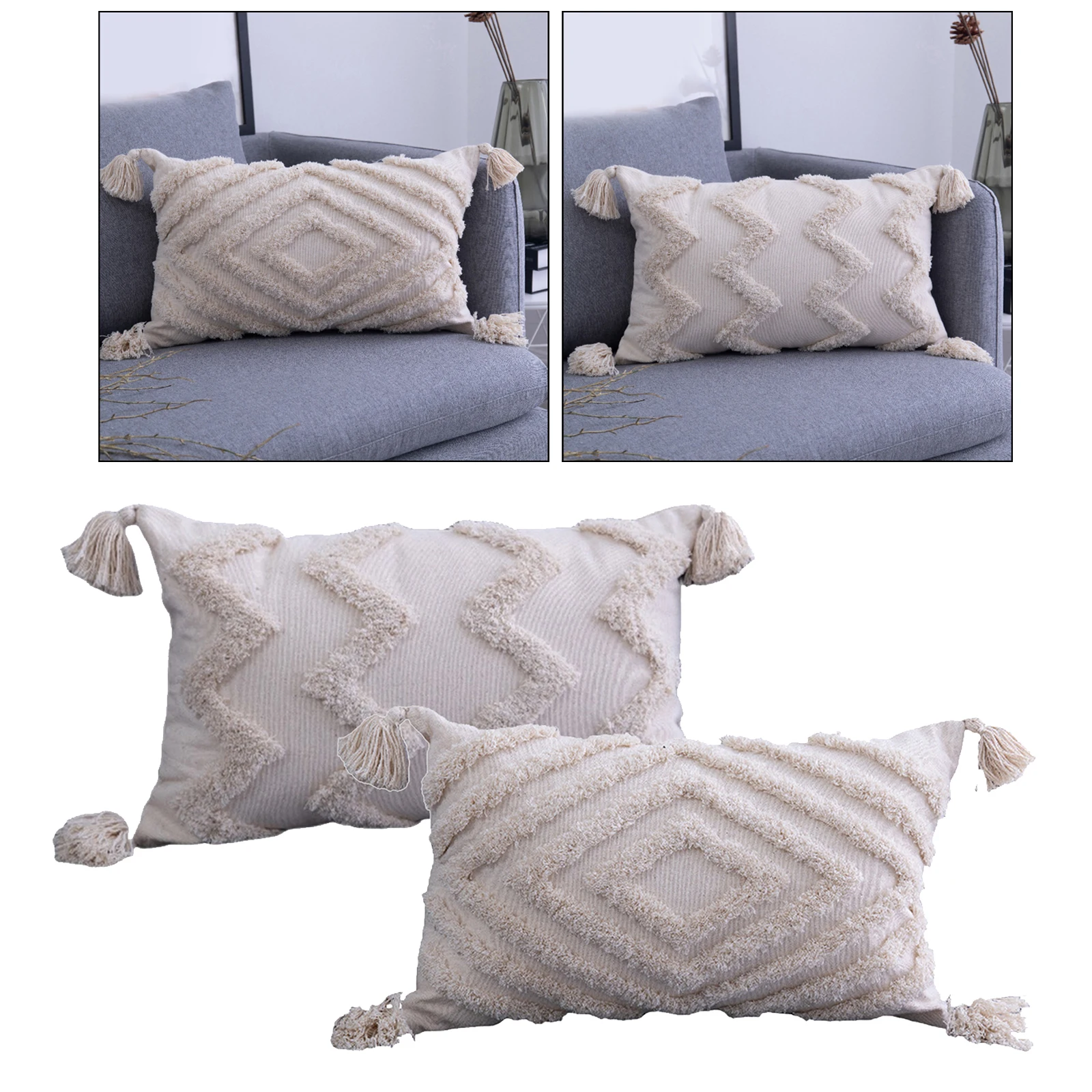 2x Throw Pillow Covers Fringe Woven Tufted Pillowcases for Couch Sofa Decor